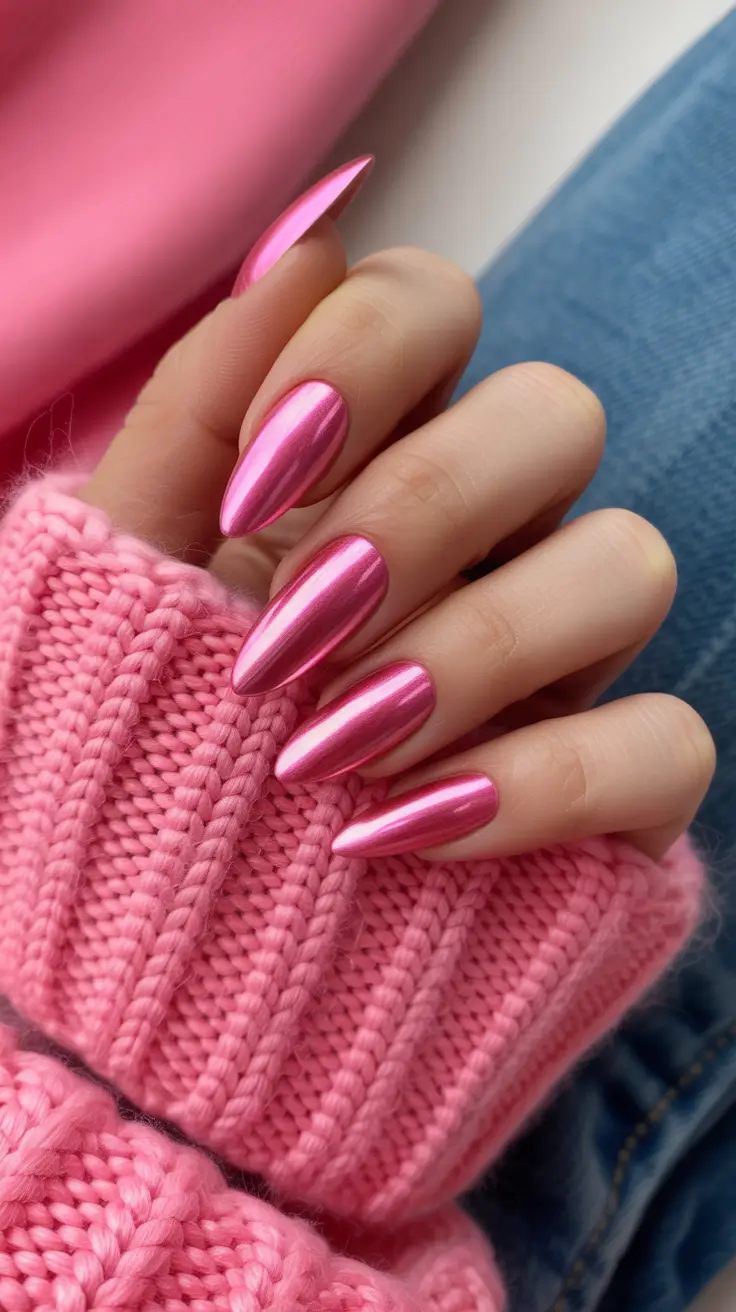 pastel spring pink chrome nails 2026 Almond Pink Chrome That Feels Softly Sculpted