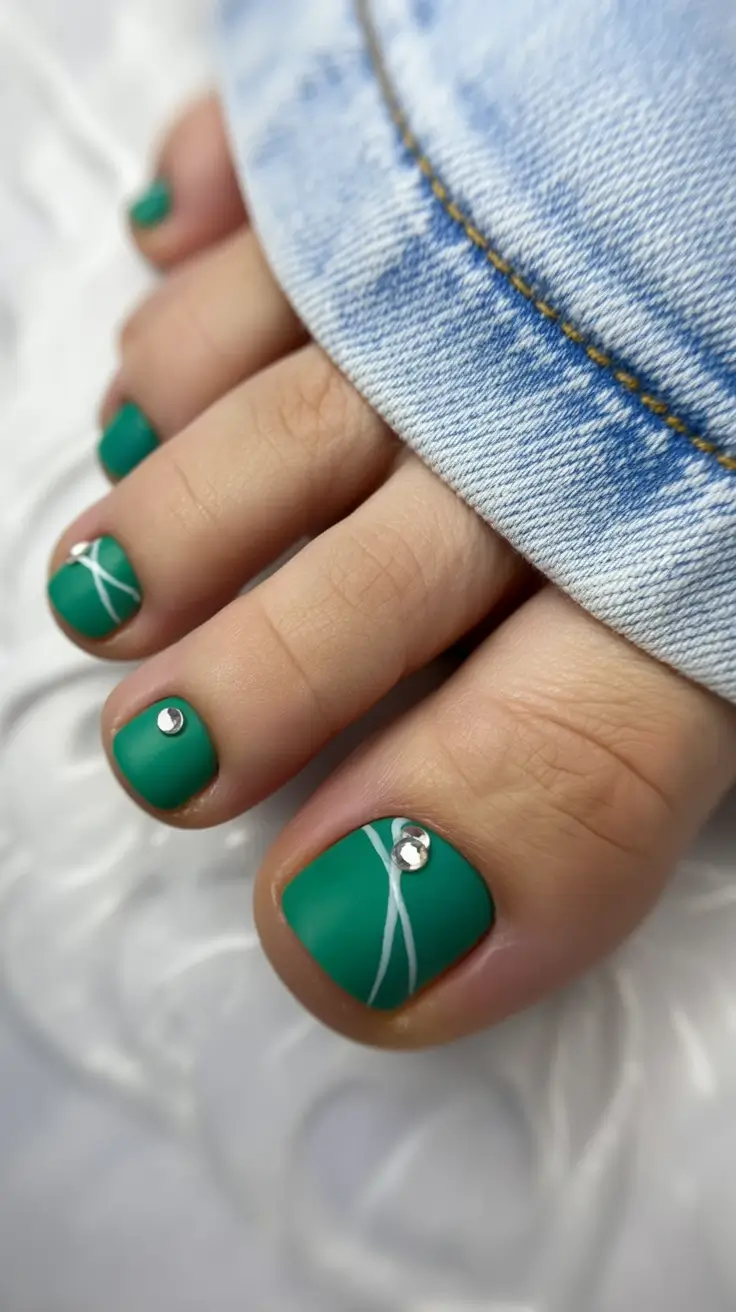 pastel spring toe nail color 2026 Matte Emerald Minimalism with Crystal Detail