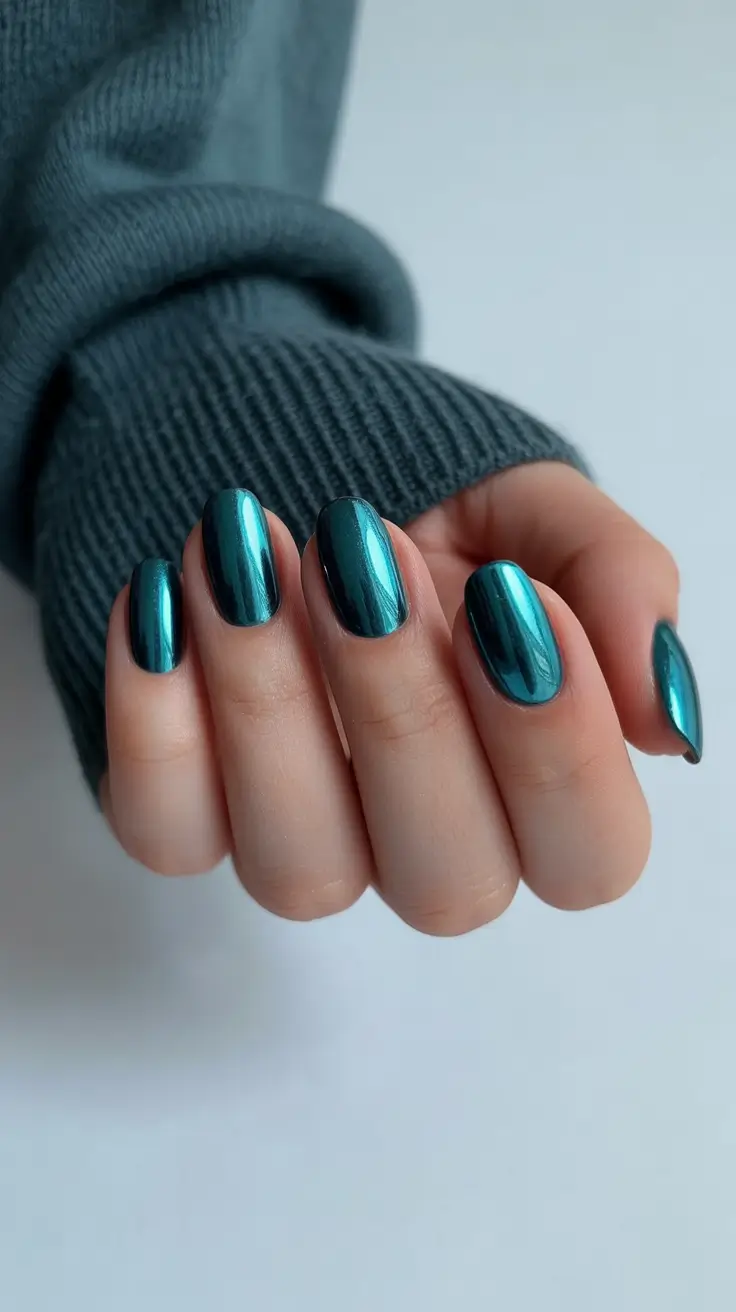 pastel spring wedding nails 2026 Glossy Teal Almond Nails for a Modern Wedding Guest