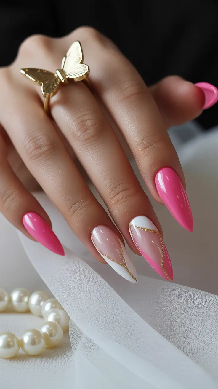 pastel spring wedding nails 2026 Bright Pink Almond Nails with Gold Bridal Accents