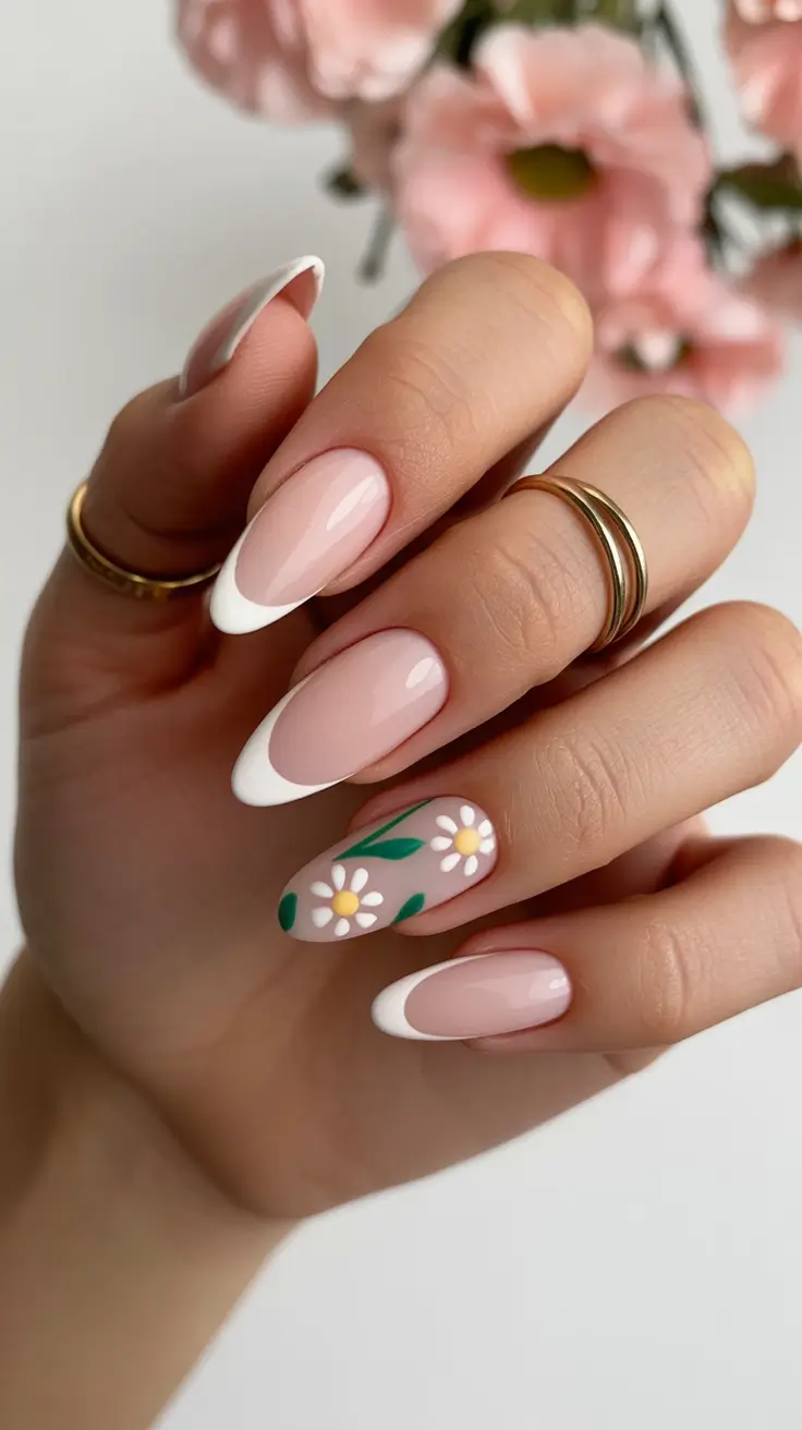 pastel spring wedding nails 2026 Soft Daisy French Almond Nails for a Romantic Bridal Look