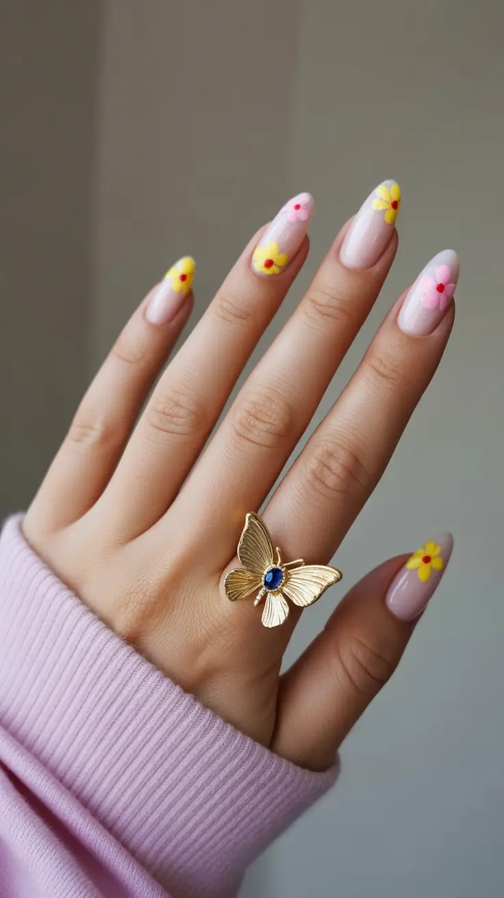 pastel spring wedding nails 2026 Pastel Floral Almond Nails with Soft Pink Base