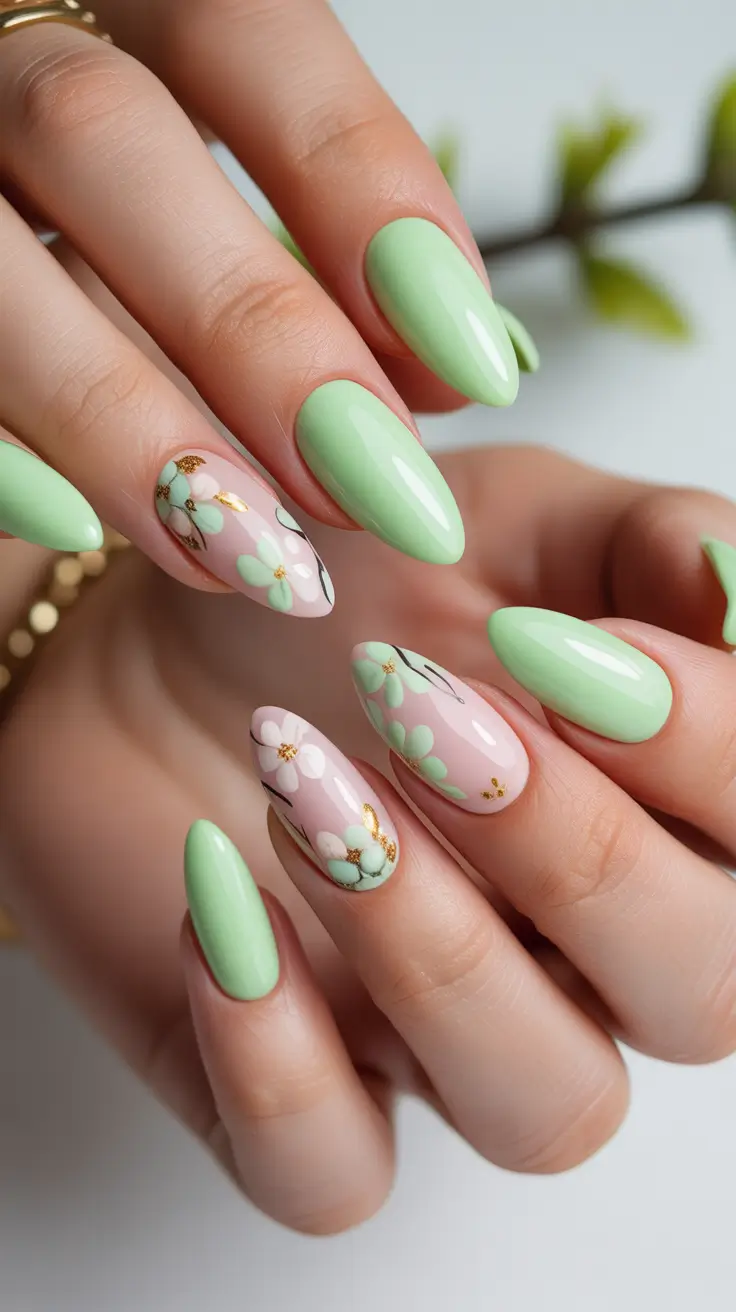 pastel spring wedding nails 2026 Mint Green Almond Nails with Elegant Floral Accents