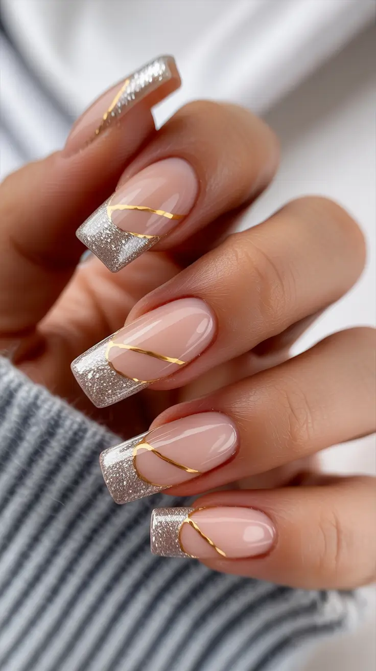 pastel spring wedding nails 2026 Silver Glitter Square French Nails with Gold Detail