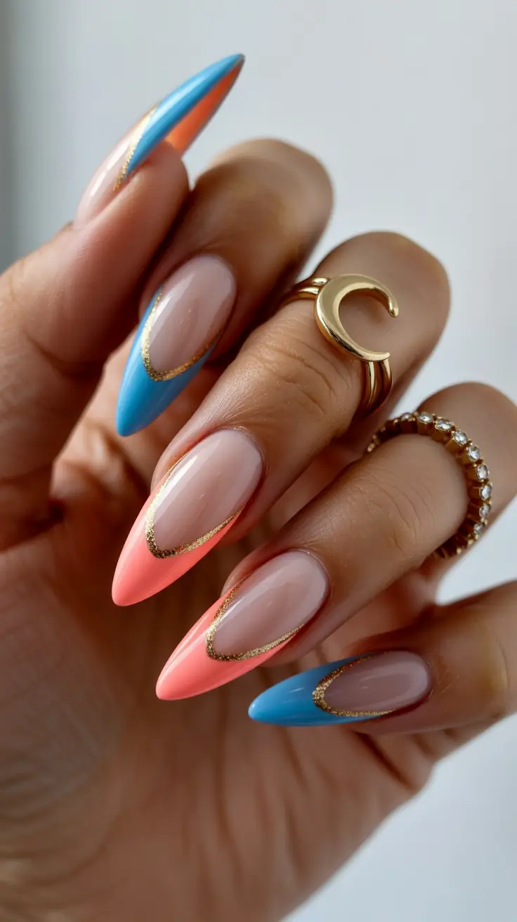 pastel spring wedding nails 2026 Coral and Blue Almond Nails with Gold Detail