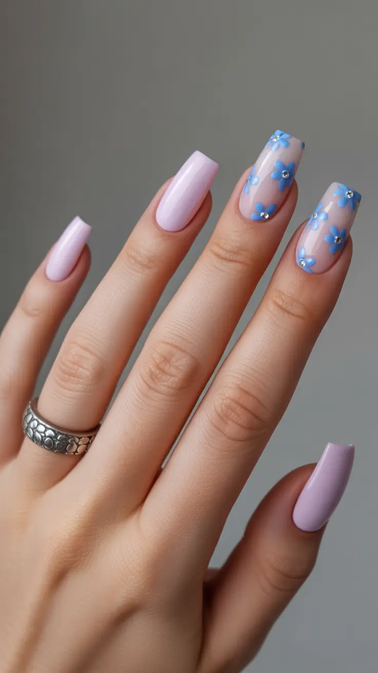 pastel spring wedding nails 2026 Soft Lilac Square Nails with Blue Floral Art