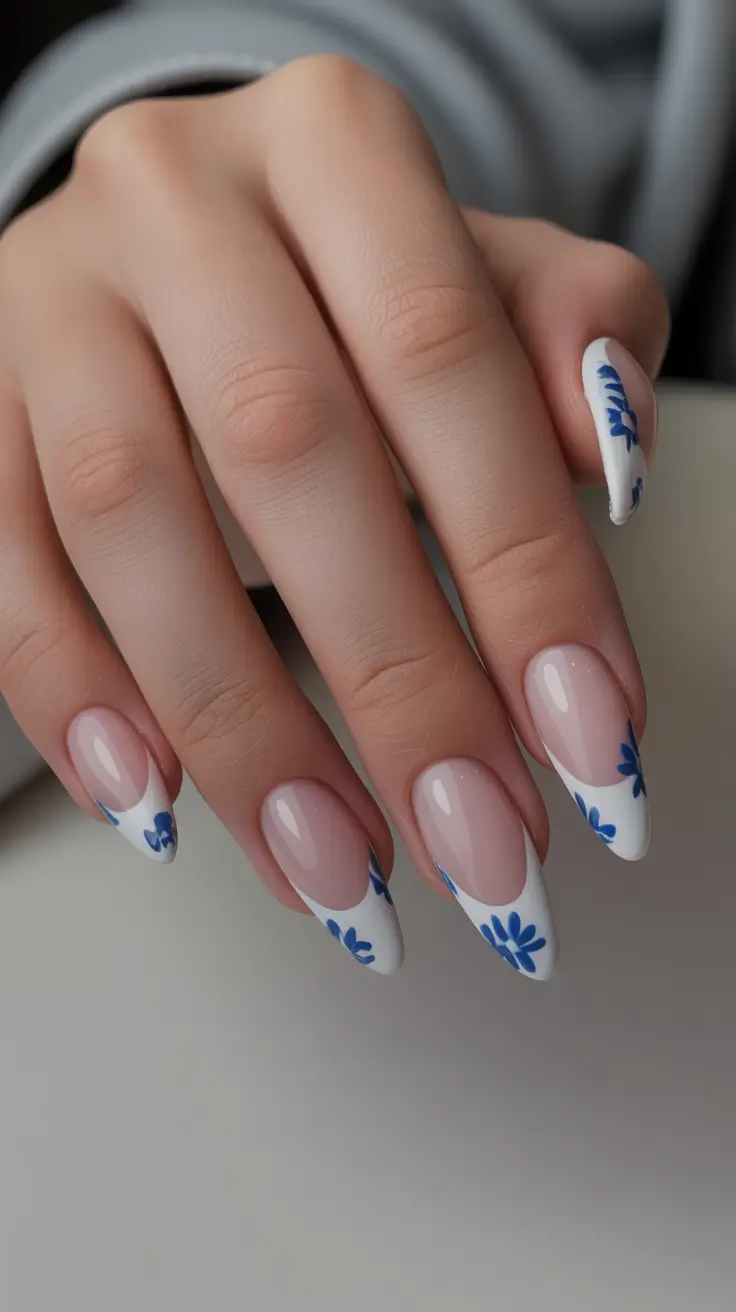 pastel spring wedding nails 2026 Blue Floral French Almond Nails