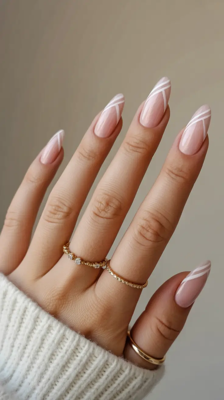 pastel spring wedding nails 2026 Soft Pink Almond Bridal Nails with Minimal Line Art