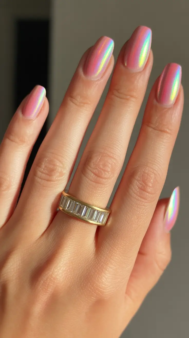 pastel spring wedding nails 2026 Pink Chrome Pastel Nails with Iridescent Shine