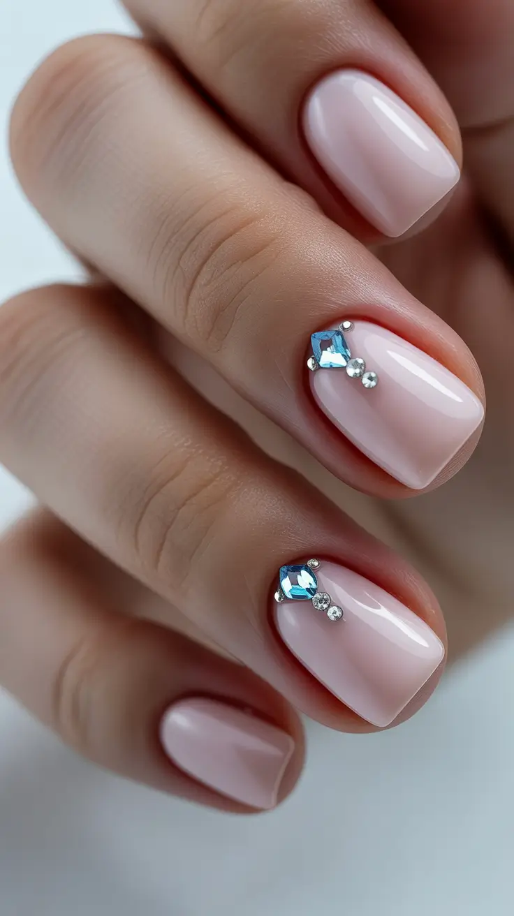 pastel spring wedding nails 2026 Minimal Blush Square Nails with Blue Crystal Accent