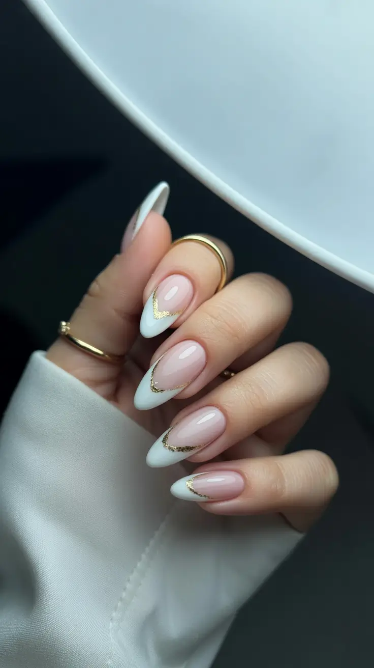pastel spring wedding nails 2026 Elegant White and Gold French Almond Bridal Design