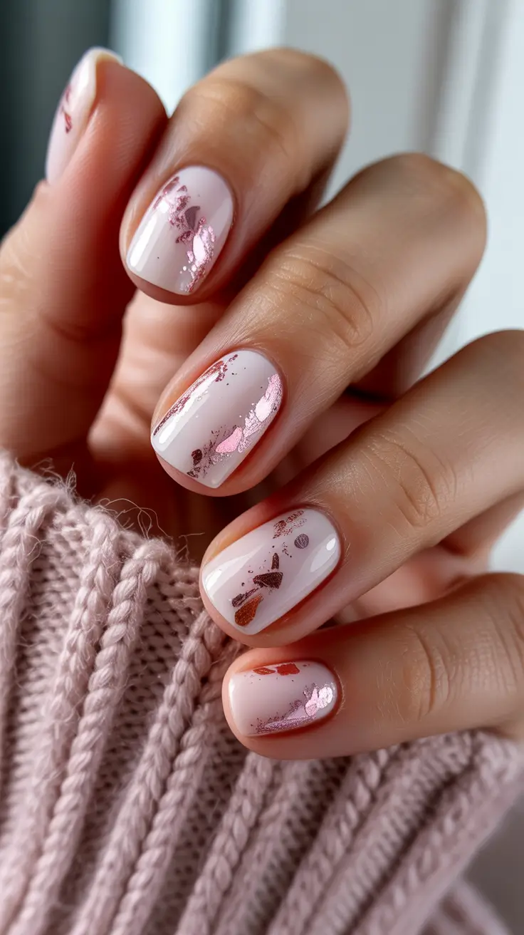 pastel spring wedding nails 2026 Short Pink Foil Accent Nails for a Wedding Guest