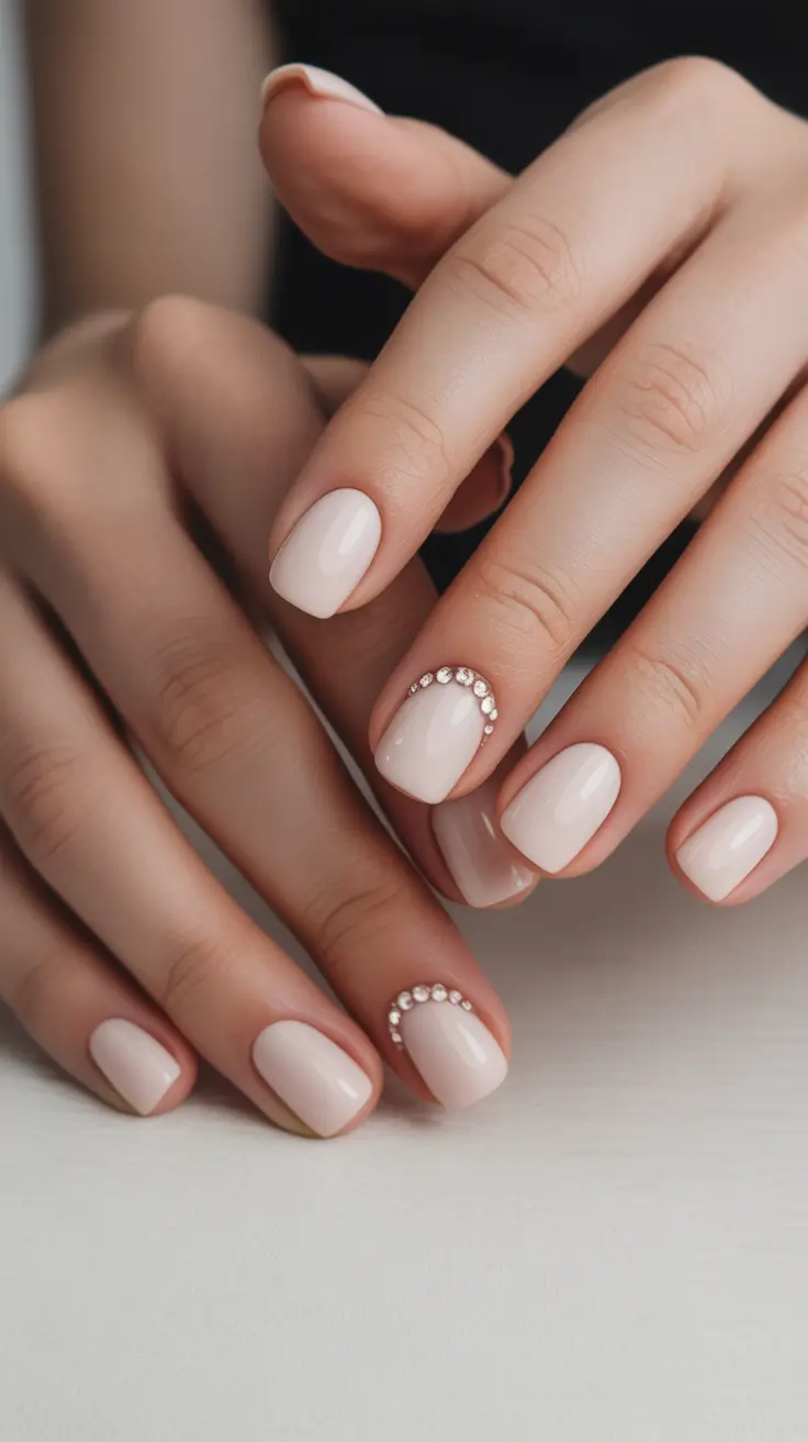 pastel spring wedding nails 2026 Minimal Nude Square Bridal Nails with Crystal Details