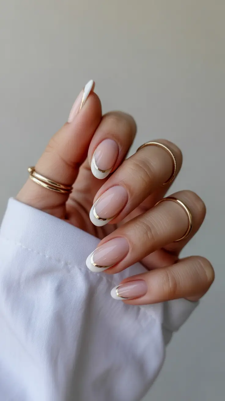 pastel spring wedding nails 2026 Elegant Gold French Almond Bridal Nails