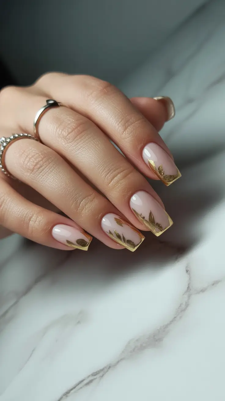pastel spring wedding nails 2026 Square Nude Nails with Gold Botanical Art