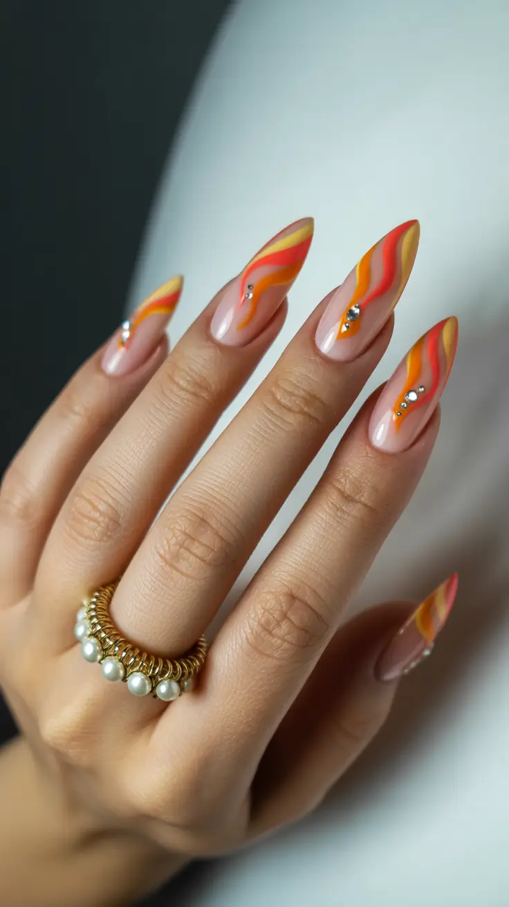 pastel spring wedding nails 2026 Warm Sunset Swirl Almond Nails with Rhinestone Accents