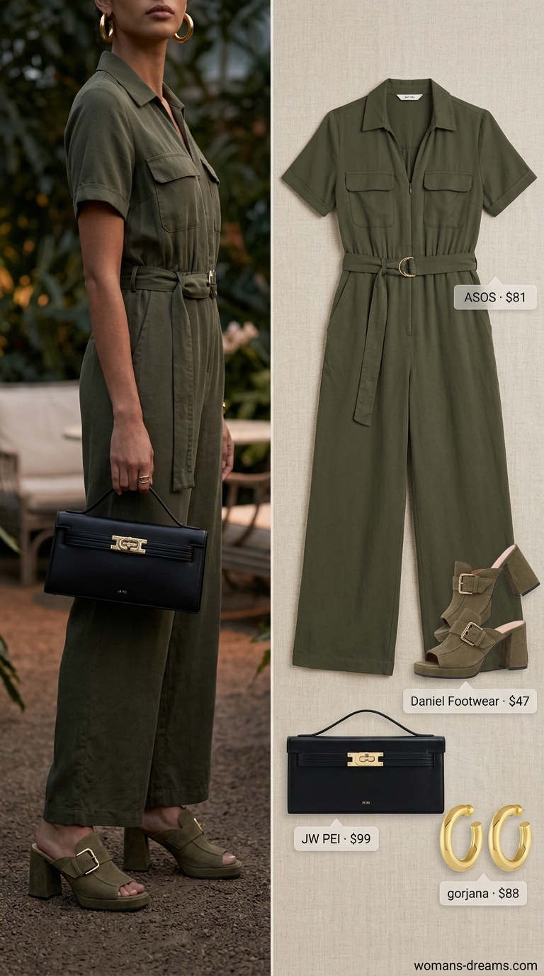 Easy summer outfits for women 2026: Garden Party Glamour featuring an olive green tailored utility jumpsuit, black heeled mules, a structured black top-handle bag, and gold statement hoop earrings, ideal for a sophisticated outdoor event.