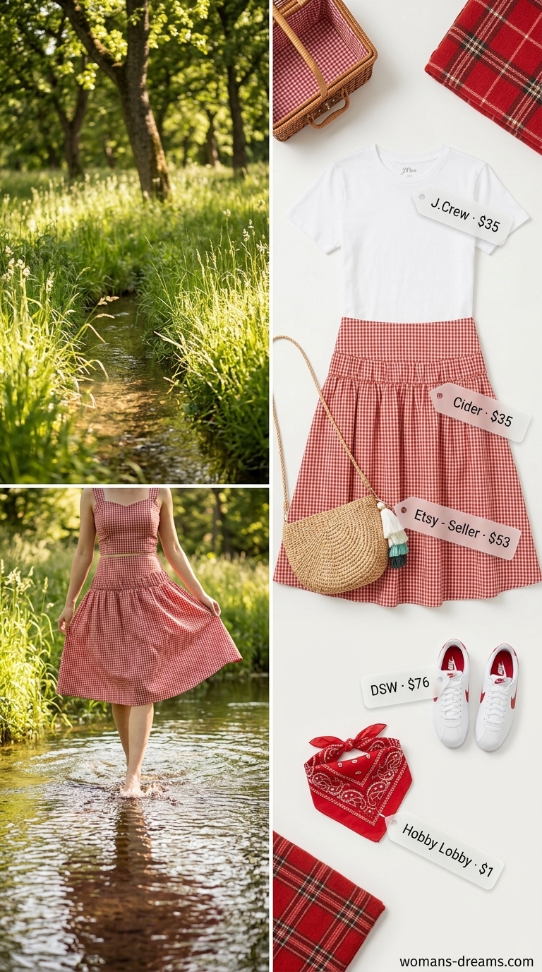 Charming retro picnic outfit with a white t-shirt, red gingham midi skirt, white canvas sneakers with red stripe, and a straw crossbody bag. A key look for easy summer outfits for women 2026.
