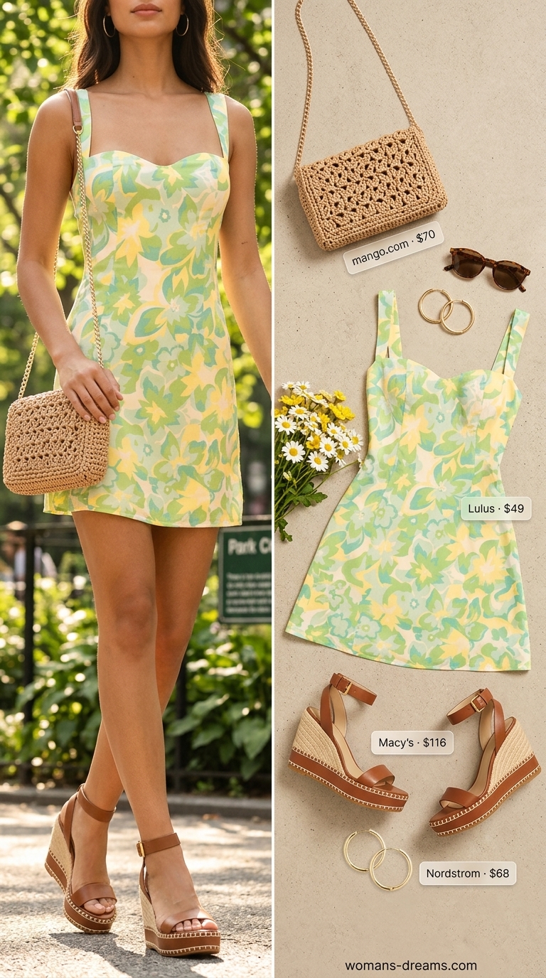 Easy summer outfits for women 2026: Sundrenched City Escape with a sunny yellow floral print mini sundress, espadrille platform sandals, a woven crossbody bag, and gold hoop earrings, perfect for a vibrant city outing or brunch.