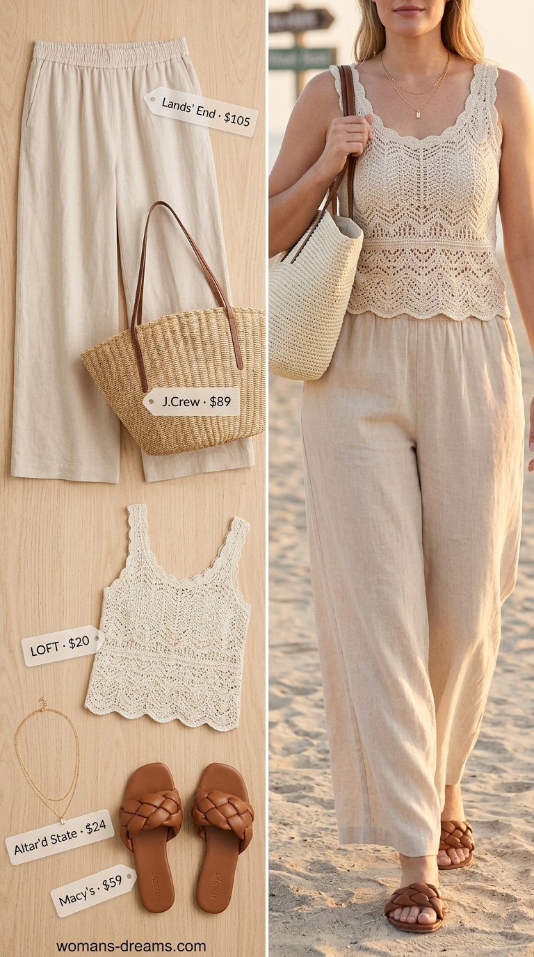 Relaxed coastal linen dream outfit featuring a cream crochet knit sleeveless top, wide-leg beige linen pants, a straw tote bag, and tan leather slide sandals. A chic option for easy summer outfits for women 2026.