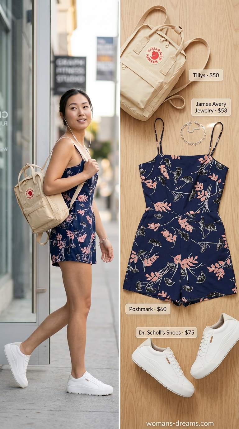 Easy summer outfits for women 2026: Playful Romper Rendezvous featuring a navy, white, and pink floral print romper, white low-top sneakers, and a tan mini backpack, great for a day date or outdoor gathering.