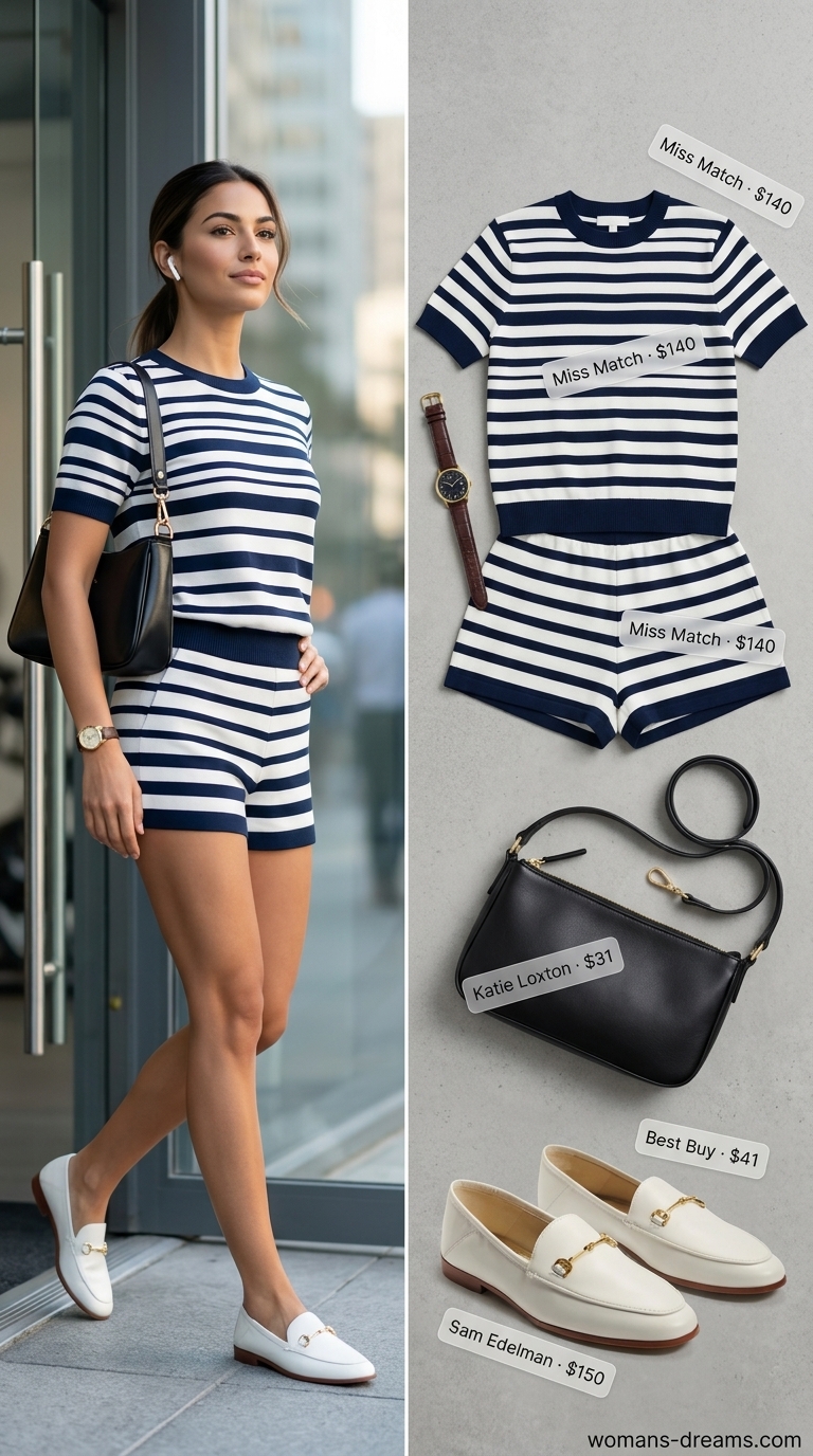 Easy summer outfits for women 2026: Effortless Nautical Charm with a navy and white striped knit top, matching shorts, white leather loafers, and a red mini shoulder bag, perfect for a seaside lunch or yacht club.
