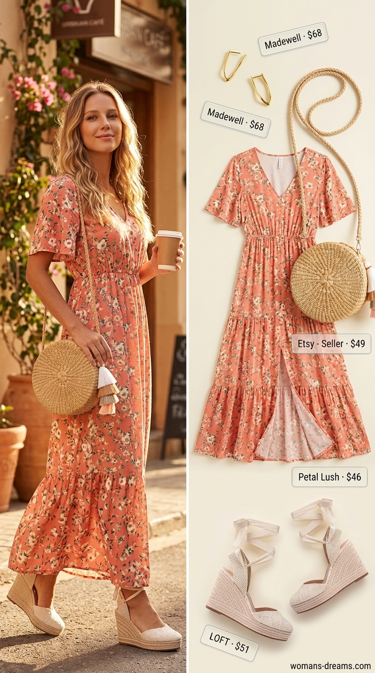 Joyful easy summer outfit for women 2026 featuring a coral floral print maxi dress, espadrille wedges, a round wicker bag, and gold hoop earrings for a garden party.