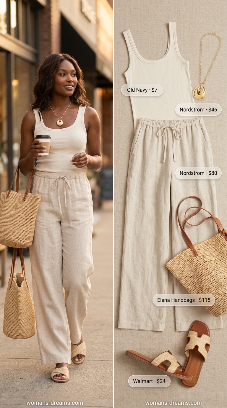 Relaxed easy summer outfit for women 2026 featuring natural linen wide-leg pants, a cream tank top, straw sandals, and a large straw tote for a casual day out or beach vacation.