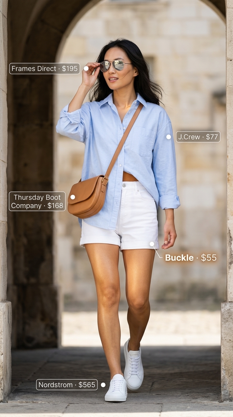 Chic and comfortable easy summer outfit for women 2026 with an oversized white shirt, tailored denim shorts, white sneakers, and a tan crossbody bag for city exploring.