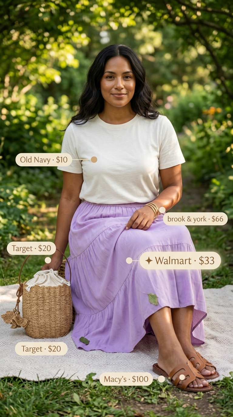 Sweet easy summer outfit for women 2026 featuring a lavender tiered midi skirt, white t-shirt, brown leather slides, gold bangles, and a woven bucket bag for a picnic.