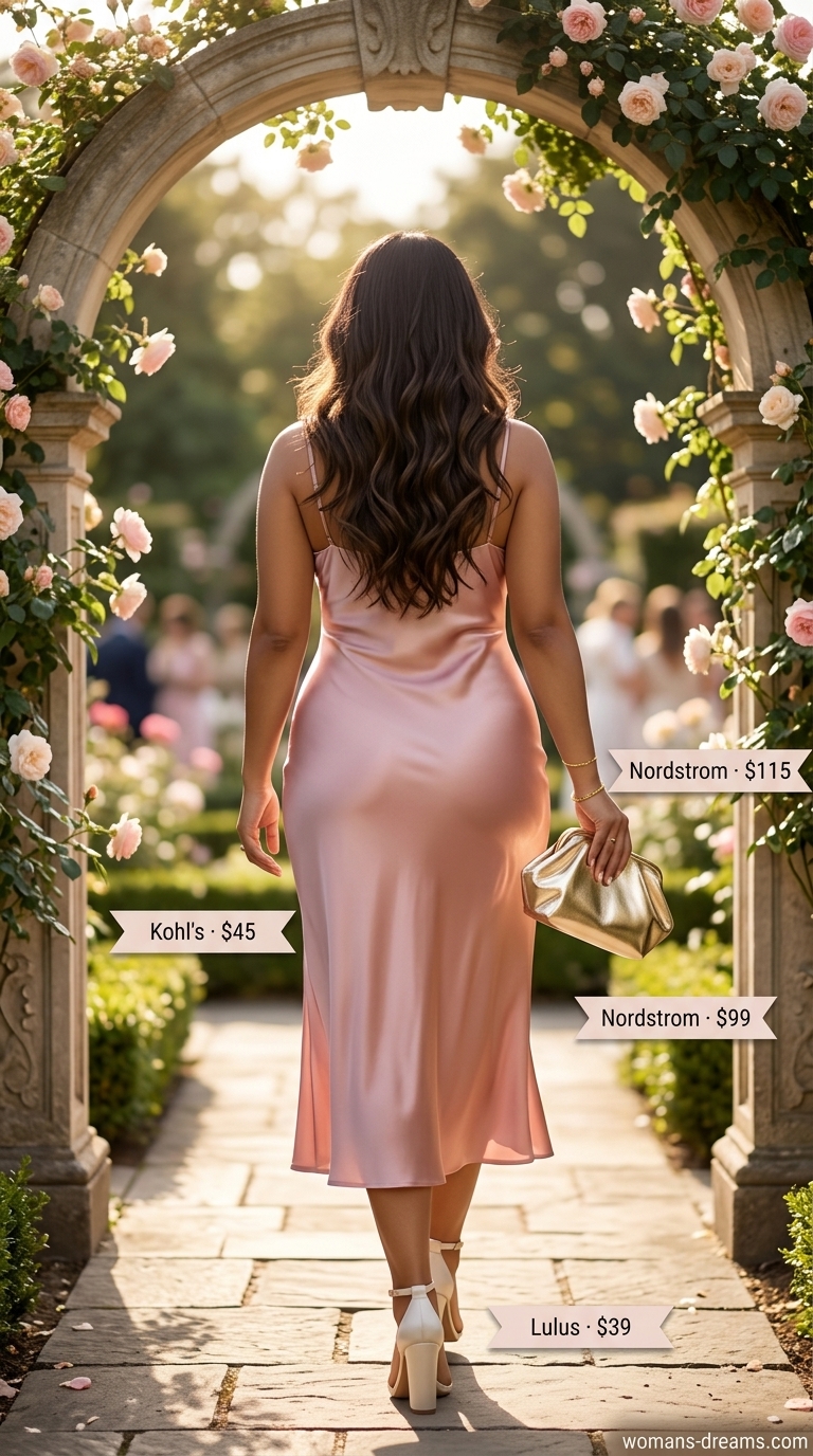 Elegant blush pink silk blend slip midi dress with pearl drop earrings and gold accents, perfect for easy summer outfits for women 2026. This romantic garden party or date night look features a gold clutch and cream strappy heels.