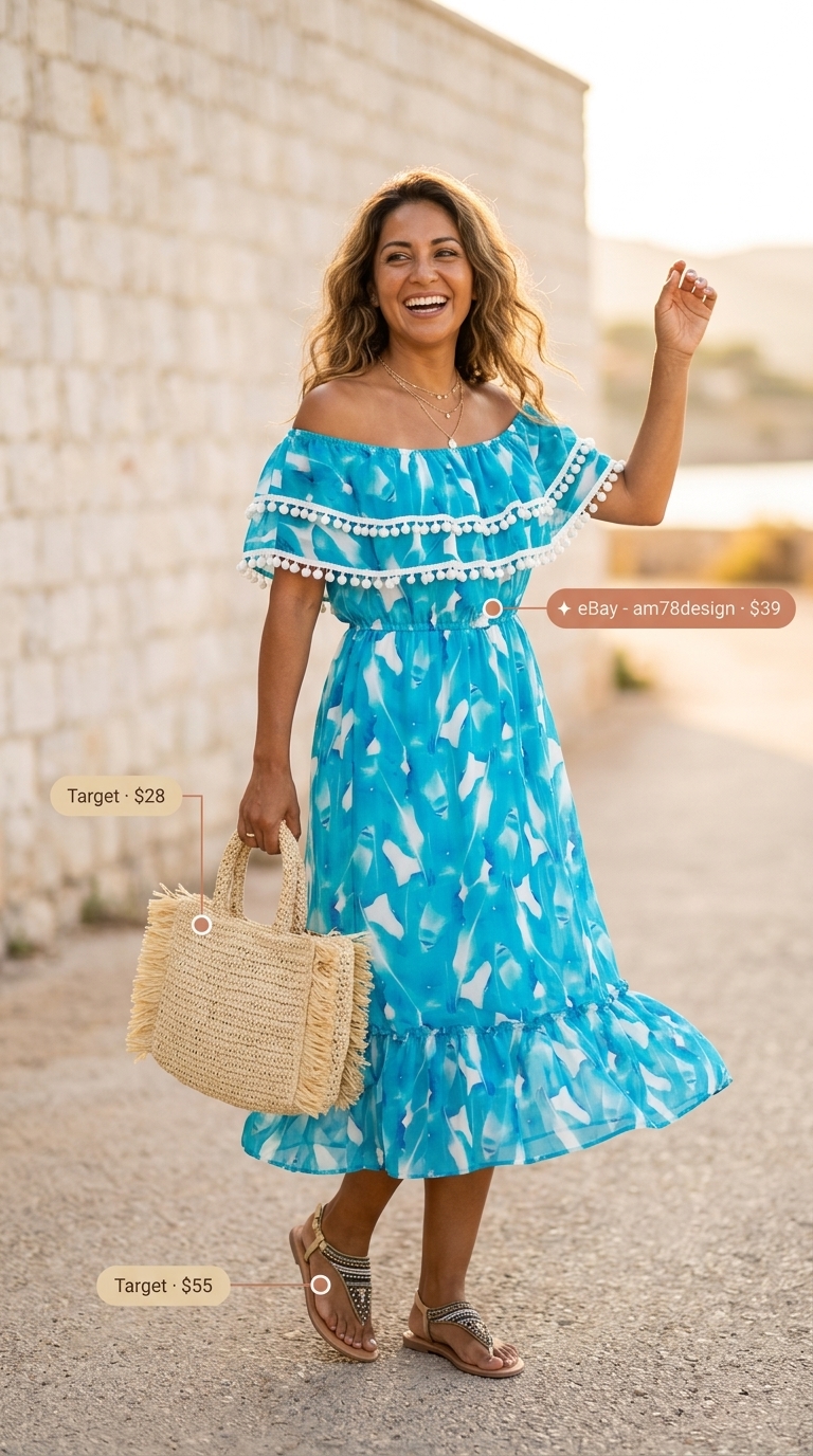 Carefree easy summer outfit for women 2026 featuring a turquoise tropical print off-the-shoulder mini dress, embellished flat sandals, a woven bag, and gold bangles.