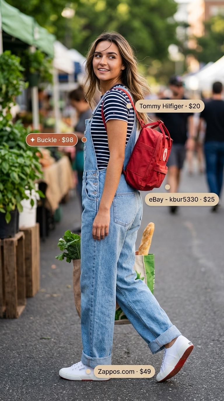 Playful easy summer outfit for women 2026 featuring light wash denim overalls, a striped t-shirt, white canvas sneakers, and a red canvas backpack for brunch.