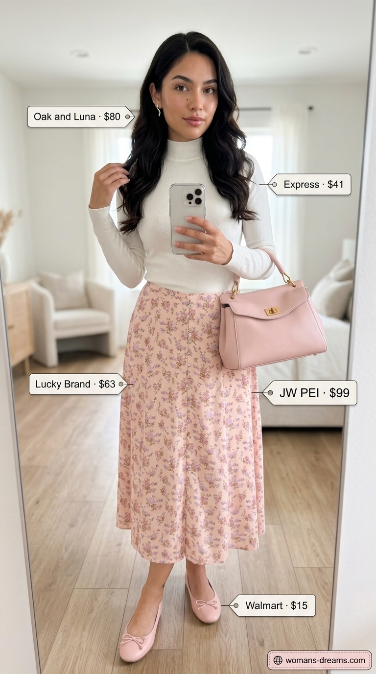 Romantic easy summer outfit for women 2026 with a soft pink floral A-line midi skirt, white knit top, nude ballet flats, and a structured bag for a garden brunch.