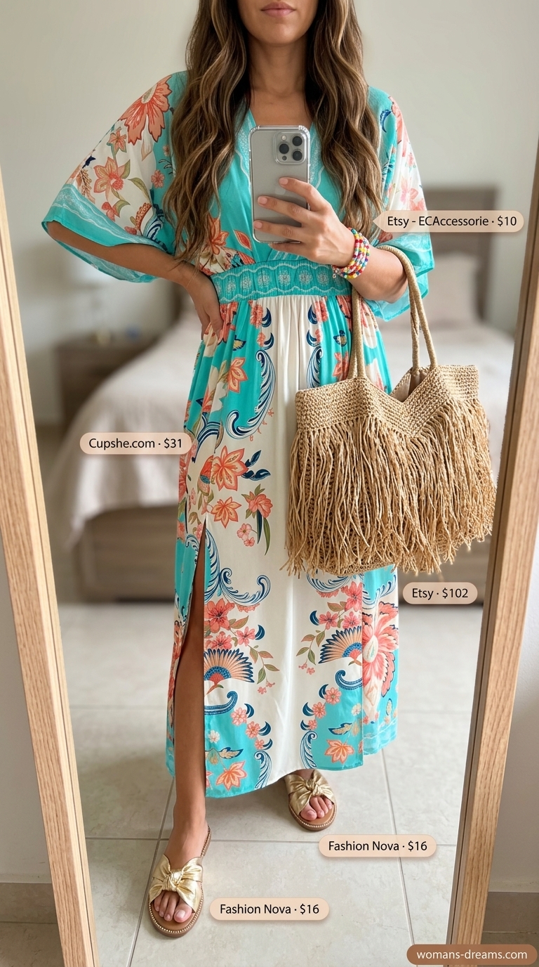 Easy summer outfits for women 2026: Boho Beach Babe dress in turquoise and coral print viscose, paired with gold slide sandals, a woven raffia tote, and colorful friendship bracelets, ideal for a relaxed beach day or festival.