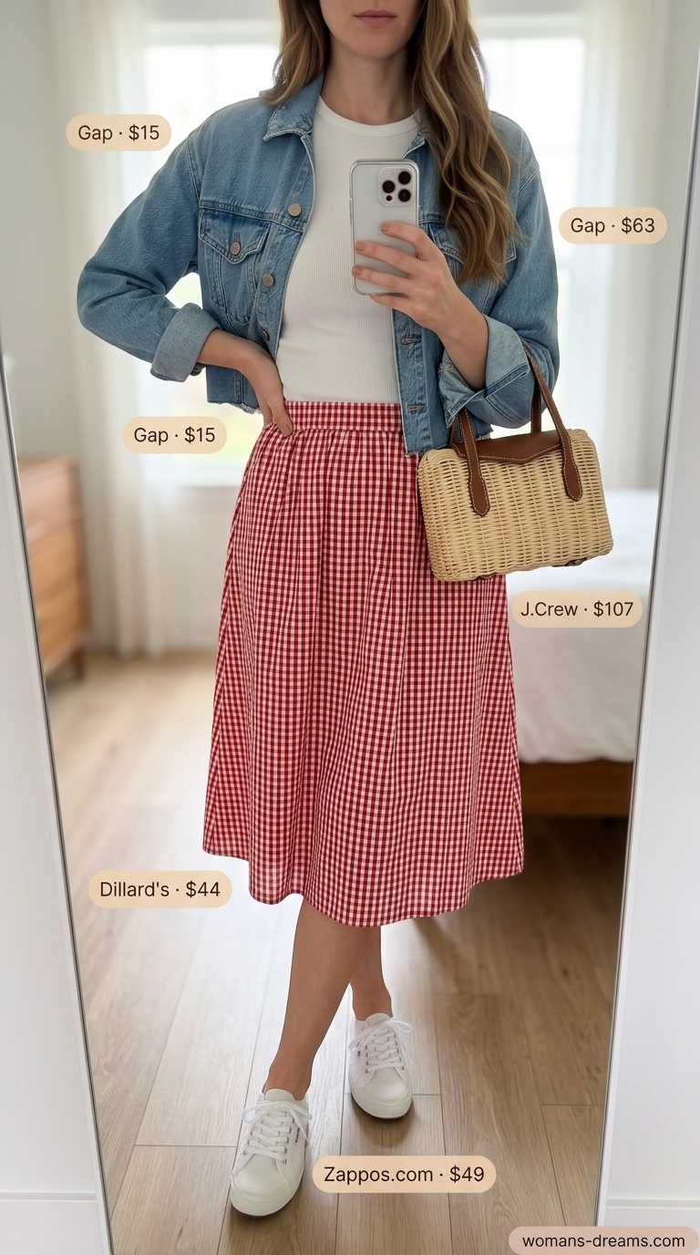 Playful retro picnic ensemble featuring a white ribbed t-shirt, light wash denim jacket, red and white gingham mini skirt, and white canvas sneakers, showcasing easy summer outfits for women 2026.