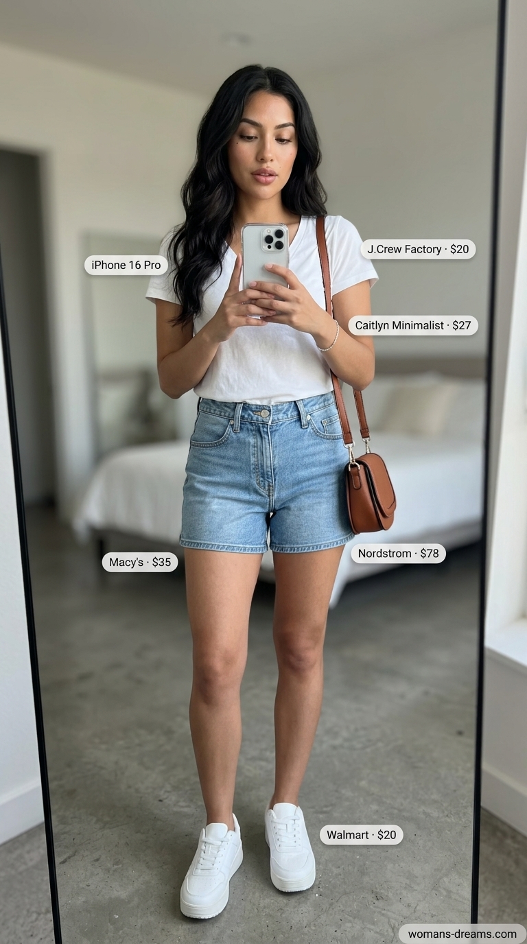 Comfortable and chic weekend wanderlust outfit with a white v-neck t-shirt, light wash denim tailored shorts, white platform sneakers, and a cognac brown crossbody bag, perfect for easy summer outfits for women 2026.