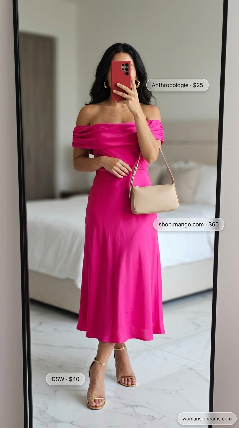 Glamorous fuchsia satin midi slip dress paired with statement gold hoop earrings, metallic strappy heels, and a nude mini shoulder bag for easy summer outfits for women 2026, ideal for a cocktail event.