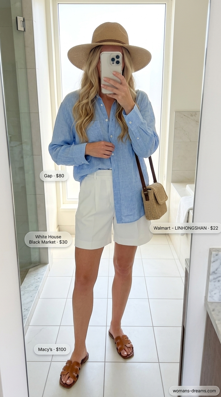Elegant easy summer outfit for women 2026 with a sky blue oversized linen shirt, white tailored shorts, straw hat, and tan leather slides, perfect for resort wear.