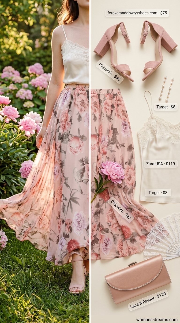 A romantic elegant long summer skirt outfit for 2026 featuring a soft pink floral print chiffon maxi skirt, ivory lace-trim camisole, and blush pink strappy block heels, perfect for a garden party.