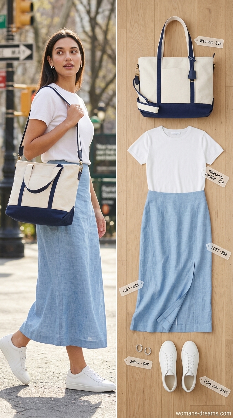 A comfortable casual long summer skirt outfit for 2026 featuring a light blue linen blend maxi skirt, white t-shirt, white sneakers, and a canvas tote bag, perfect for a park visit.