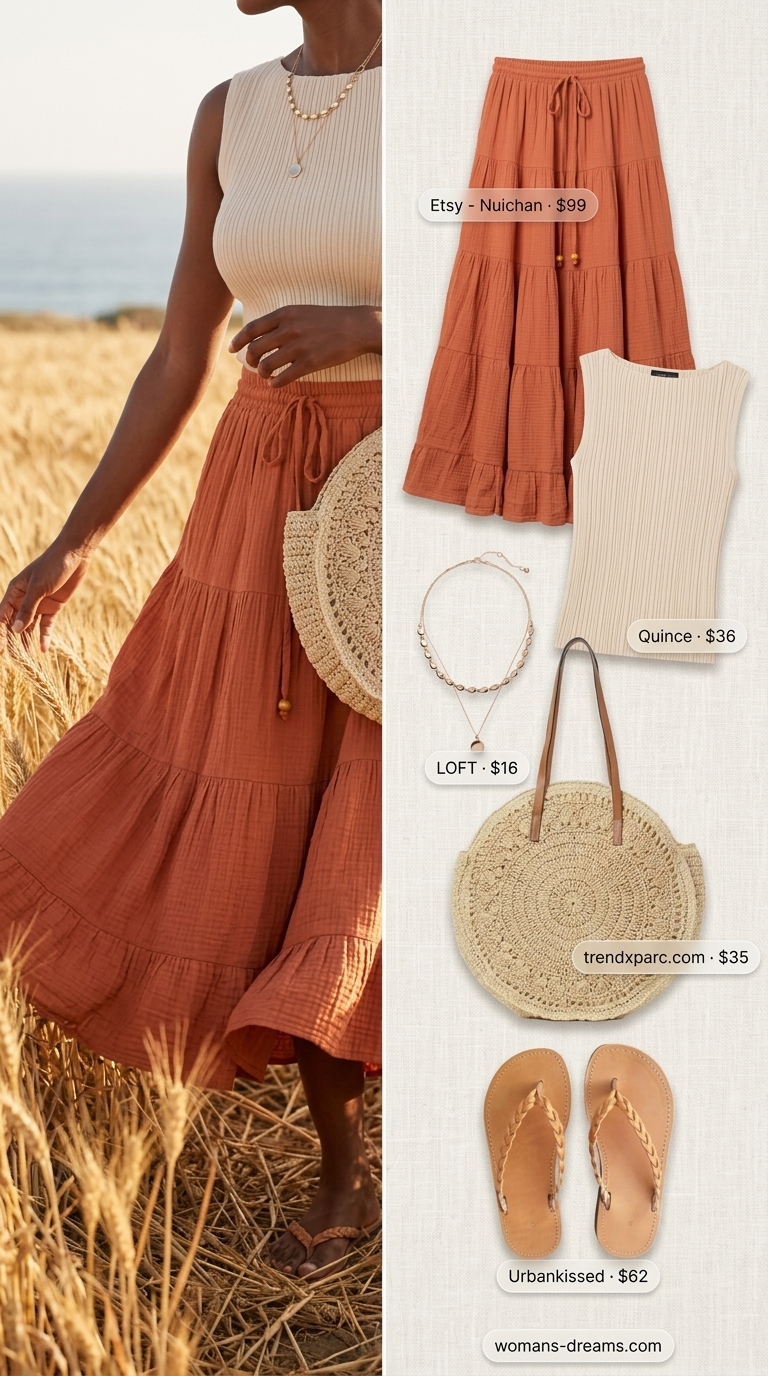 Relaxed bohemian outfit for a beach sunset, showcasing a terracotta tiered maxi skirt, cream ribbed tank, braided sandals, and layered gold necklaces for long summer skirt outfits 2026.