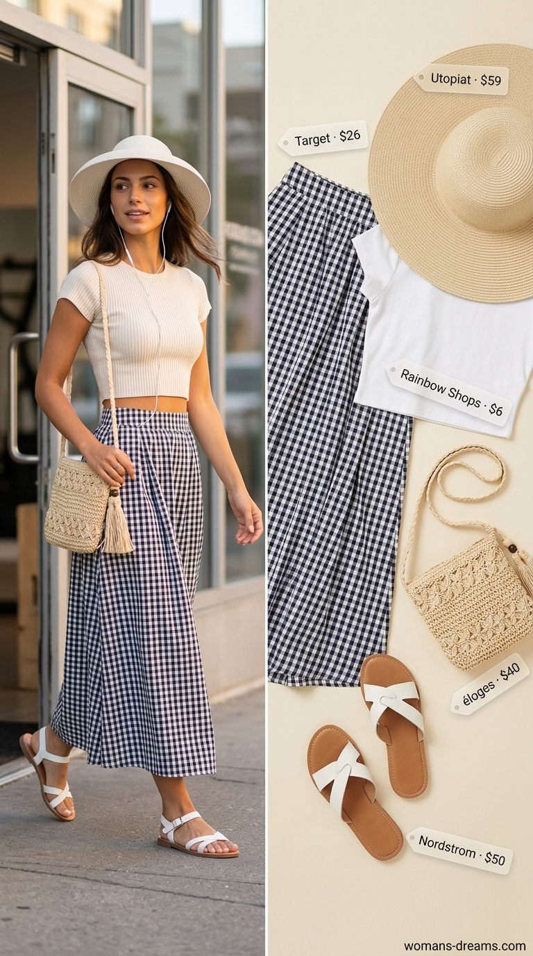 A playful long summer skirt outfit for 2026 with a black and white gingham print maxi skirt, white ribbed crop top, and yellow slide sandals, complemented by a straw hat, perfect for a day trip.