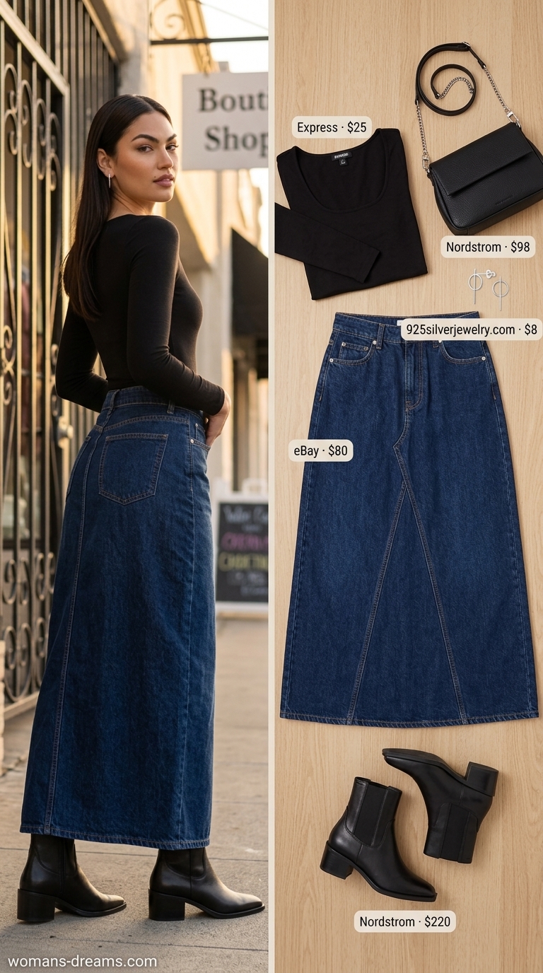 An edgy artsy long summer skirt outfit for 2026 featuring an indigo patchwork denim maxi skirt with frayed details, a black long-sleeve bodysuit, and black leather ankle boots, perfect for a gallery opening.