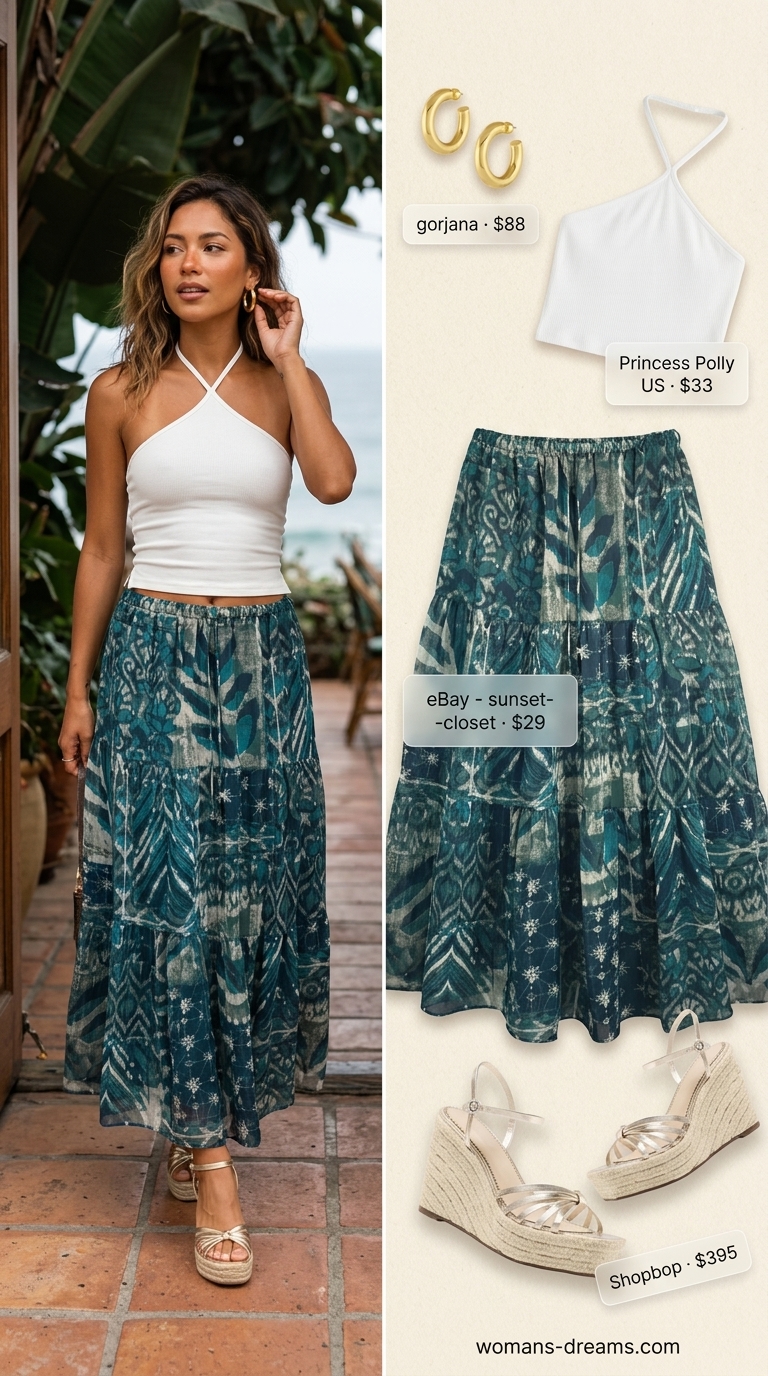 Vibrant and relaxed glamorous outfit for vacation dinner, featuring a teal abstract print maxi skirt, white halter top, gold espadrille wedges, and gold hoops as long summer skirt outfits 2026.