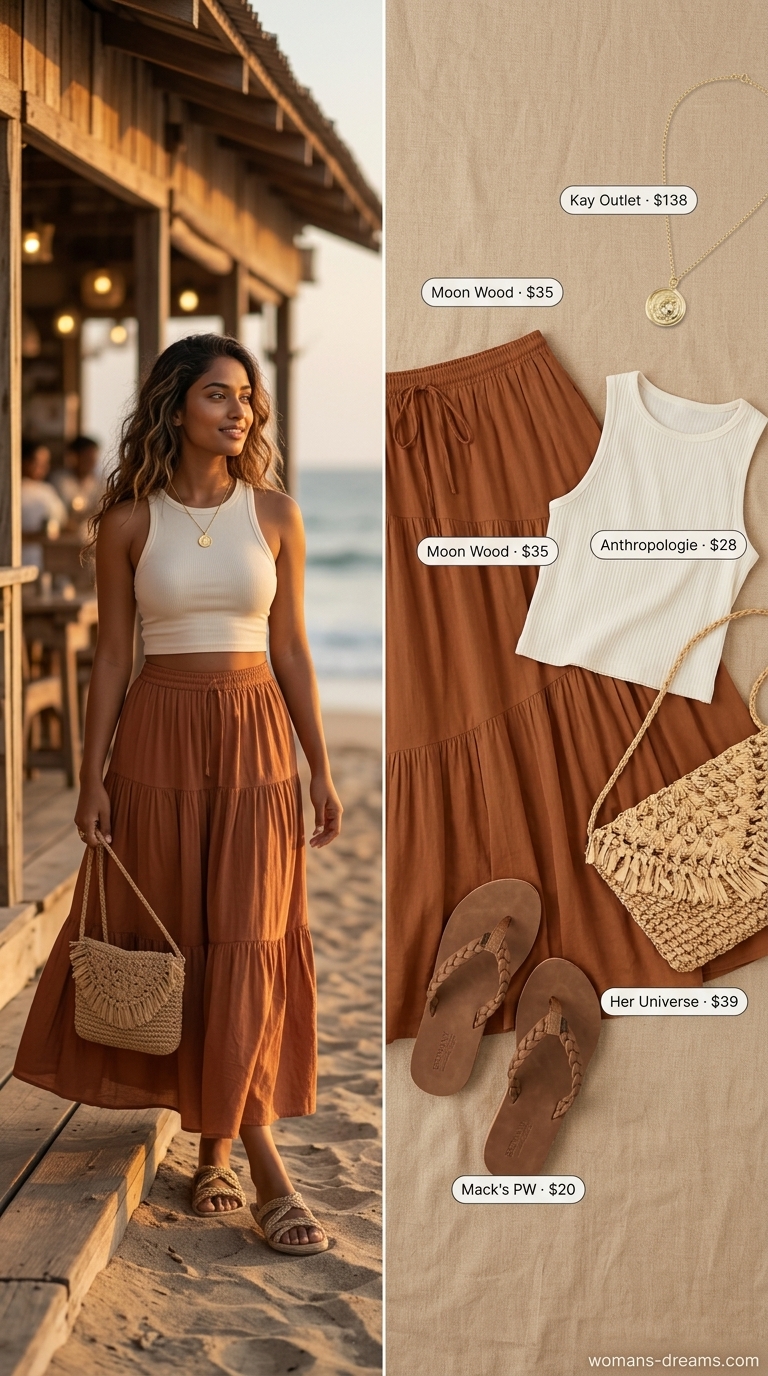 An earthy bohemian long summer skirt outfit for 2026 with a terracotta orange tiered maxi skirt, cream racerback tank, and natural straw crossbody bag, great for a beach vacation or casual gathering.