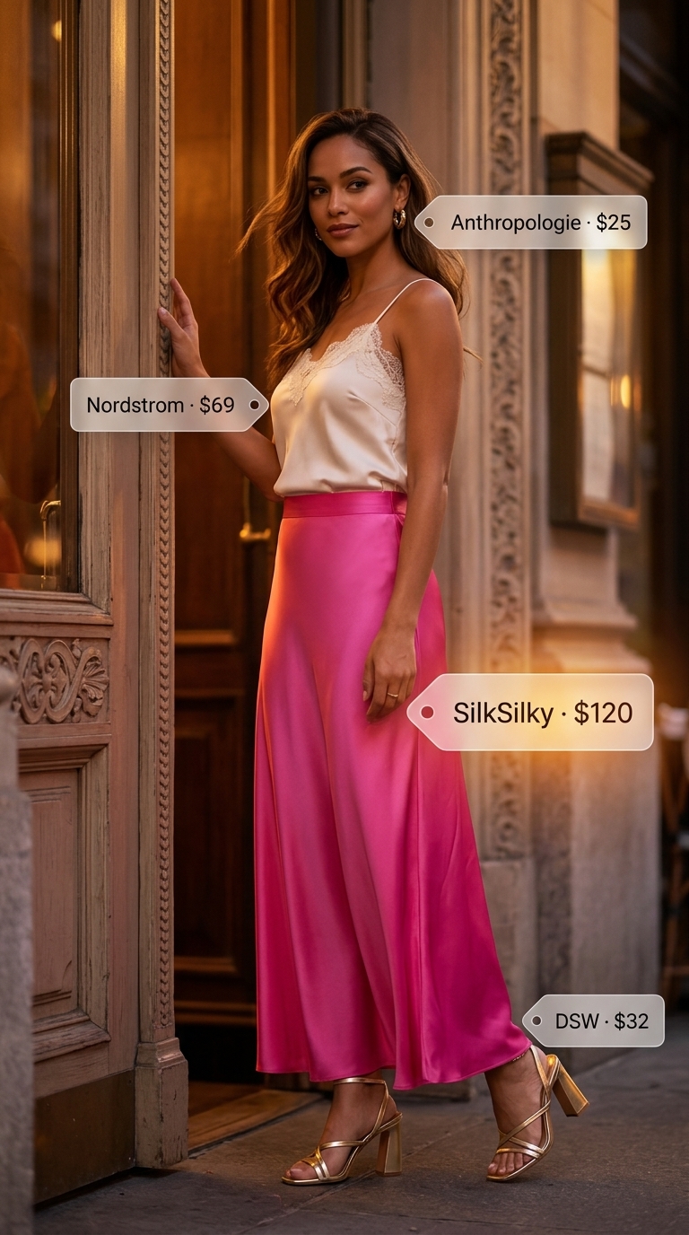 Glamorous resort dinner outfit featuring a fuchsia pink silk maxi skirt, ivory lace camisole, gold strappy heels, and gold accessories, perfect for long summer skirt outfits 2026.