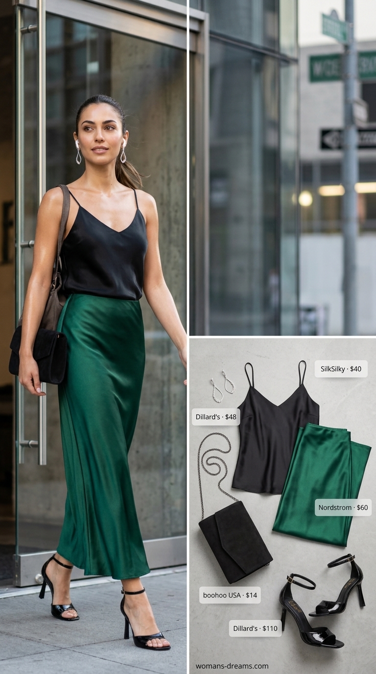 Elegant city soirée outfit with a black satin bias-cut maxi skirt, emerald green silk camisole, strappy patent heels, and silver dangle earrings for long summer skirt outfits 2026.