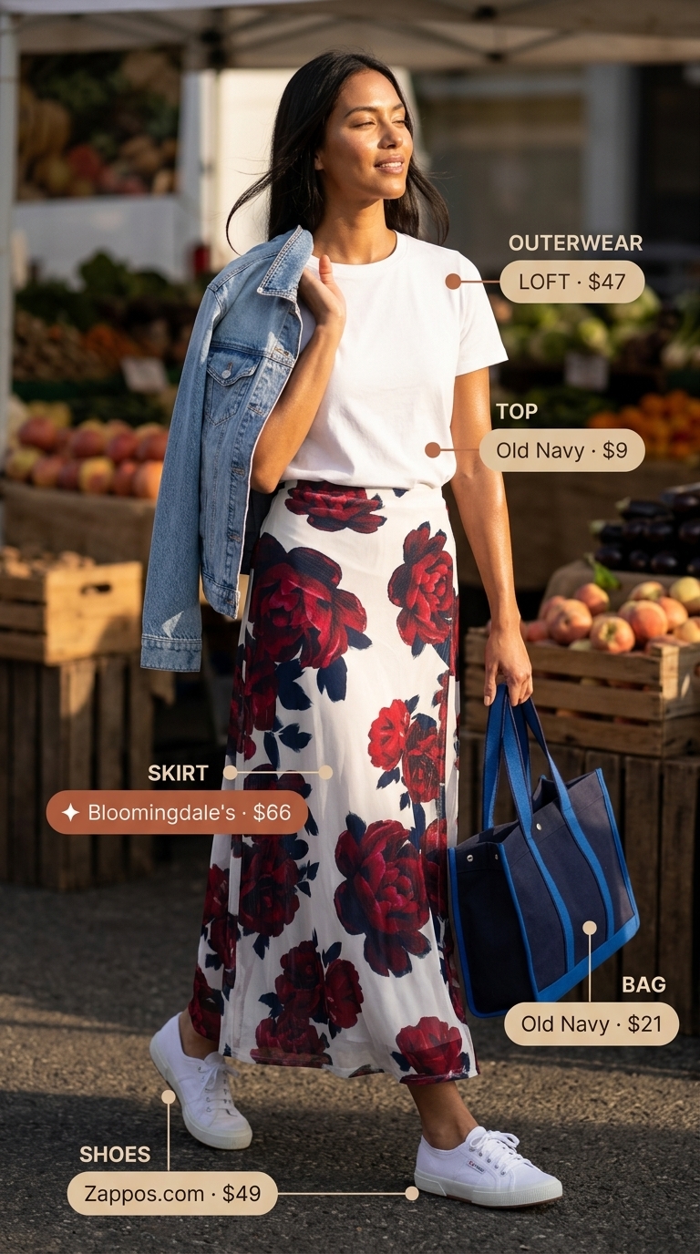 A playful weekend long summer skirt outfit for 2026 featuring a navy floral print A-line maxi skirt, white t-shirt, oversized denim jacket, and white canvas sneakers, perfect for market exploring.