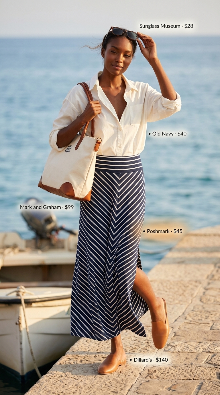 Relaxed long summer skirt outfit for brunch. Navy and white striped knit maxi skirt, oversized white shirt, and beige mules.